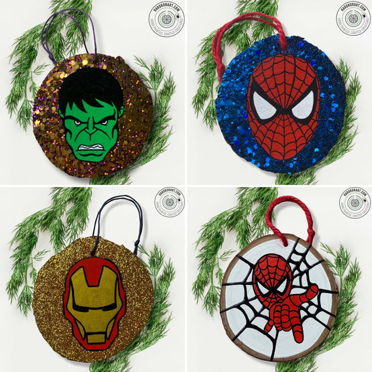 Super Hero ornaments, hand painted, 3-3.5” round