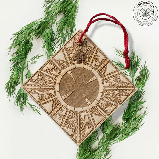 Laser cut, Lament Configuration, 4” wooden ornament w/holiday charm