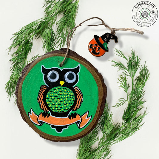 Owl ornament, hand painted w/charm, personalization banner, 2.5” round